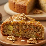 A slice of Oat, Apple, and Carrot Cake on a plate with a cup of tea