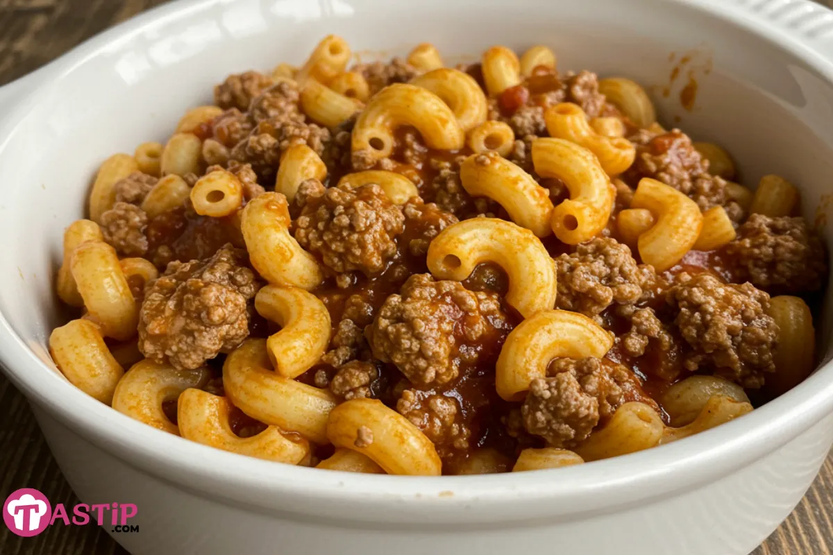 Old-Fashioned Goulash served in white bowl