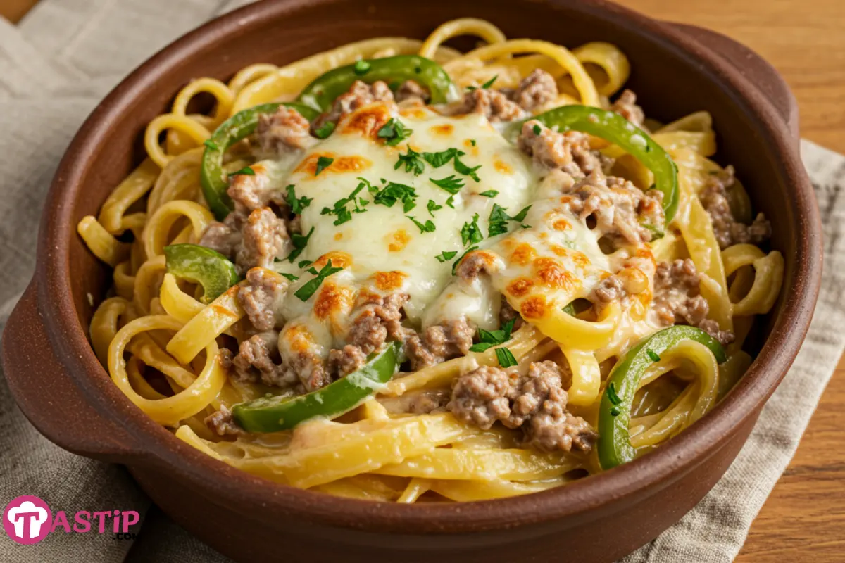 Philly cheesesteak pasta ingredients laid out on counter