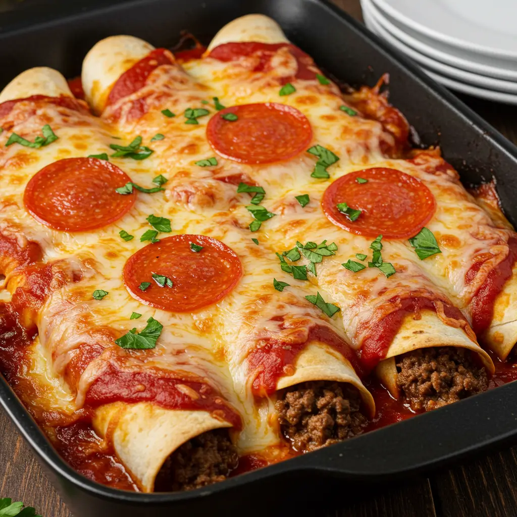 Easy pizza enchiladas fresh from oven
