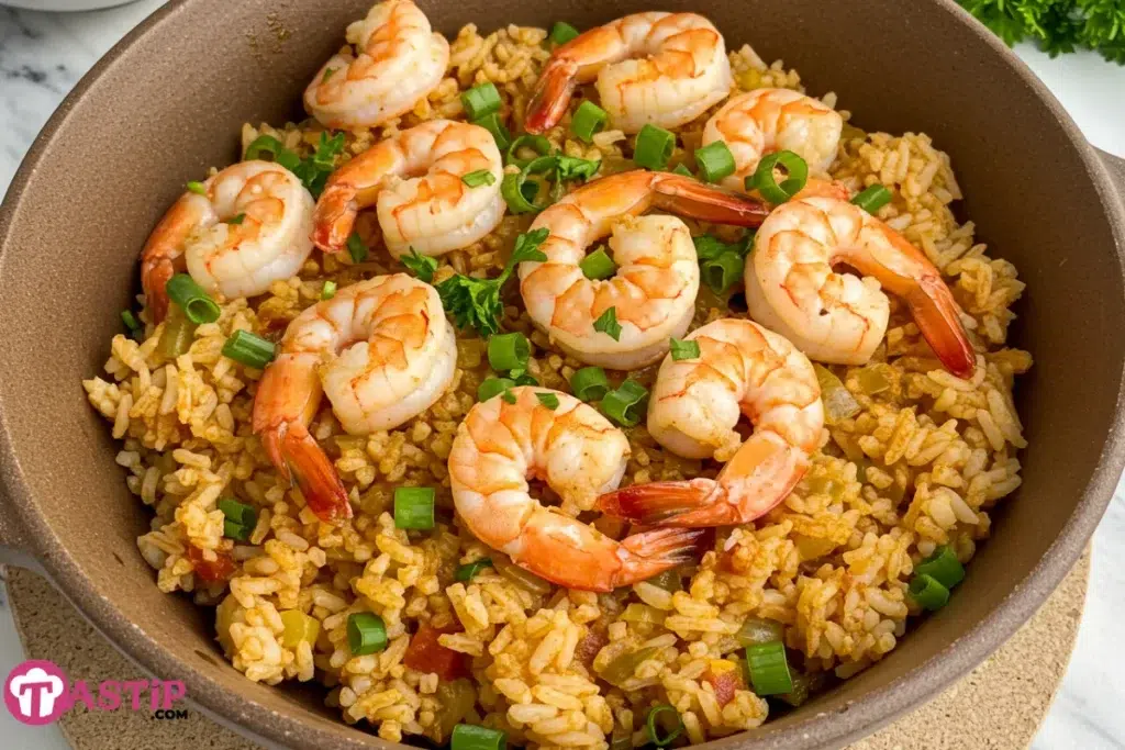 stacked shrimp dirty rice bowl