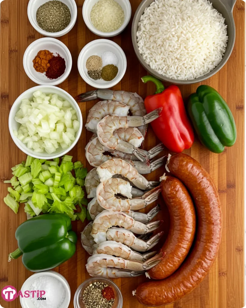 stacked shrimp dirty rice ingredients