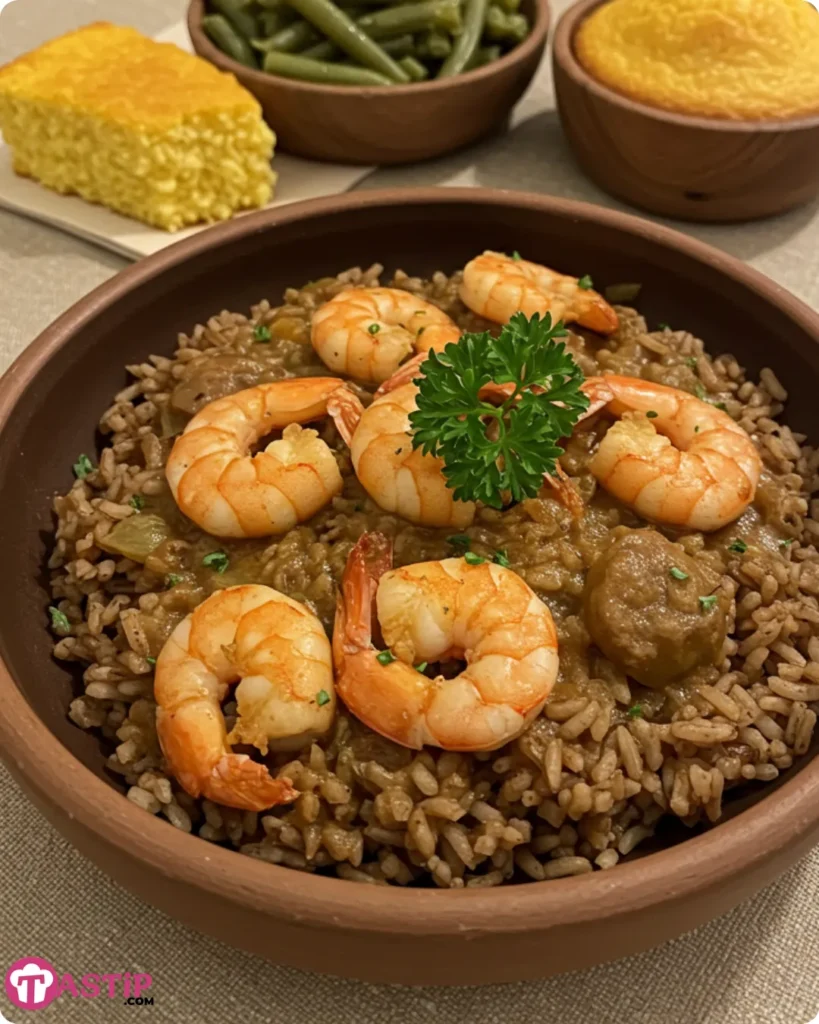 plated stacked shrimp dirty rice with sides