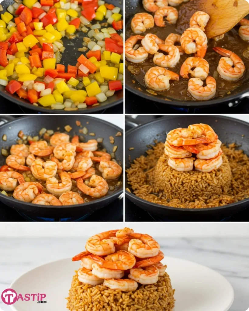 cooking steps for stacked shrimp dirty rice