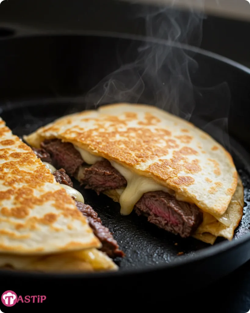 Quesadilla crisping in skillet with melted cheese and steak