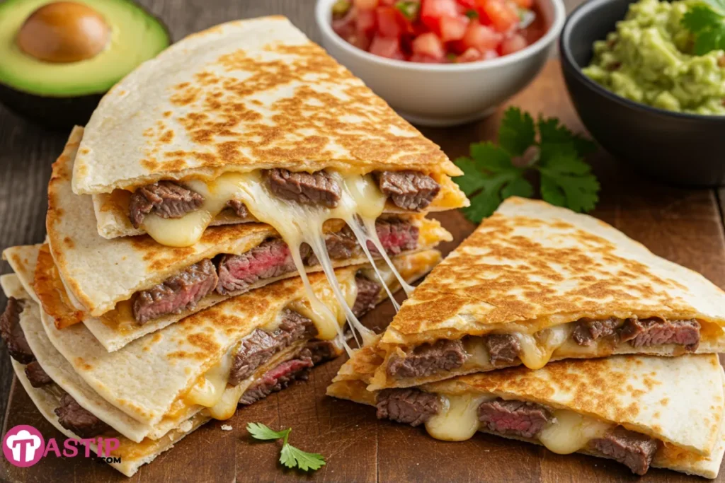 Stacked steak and cheese quesadillas with melting cheese and juicy steak slices