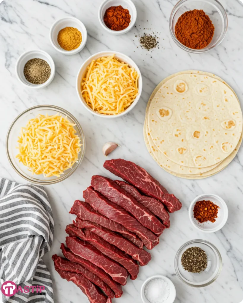 Ingredients for steak and cheese quesadillas on a marble counter