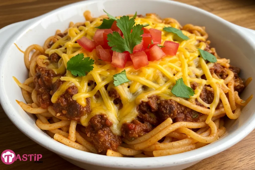 Taco Spaghetti in rustic bowl with cheese and herbs