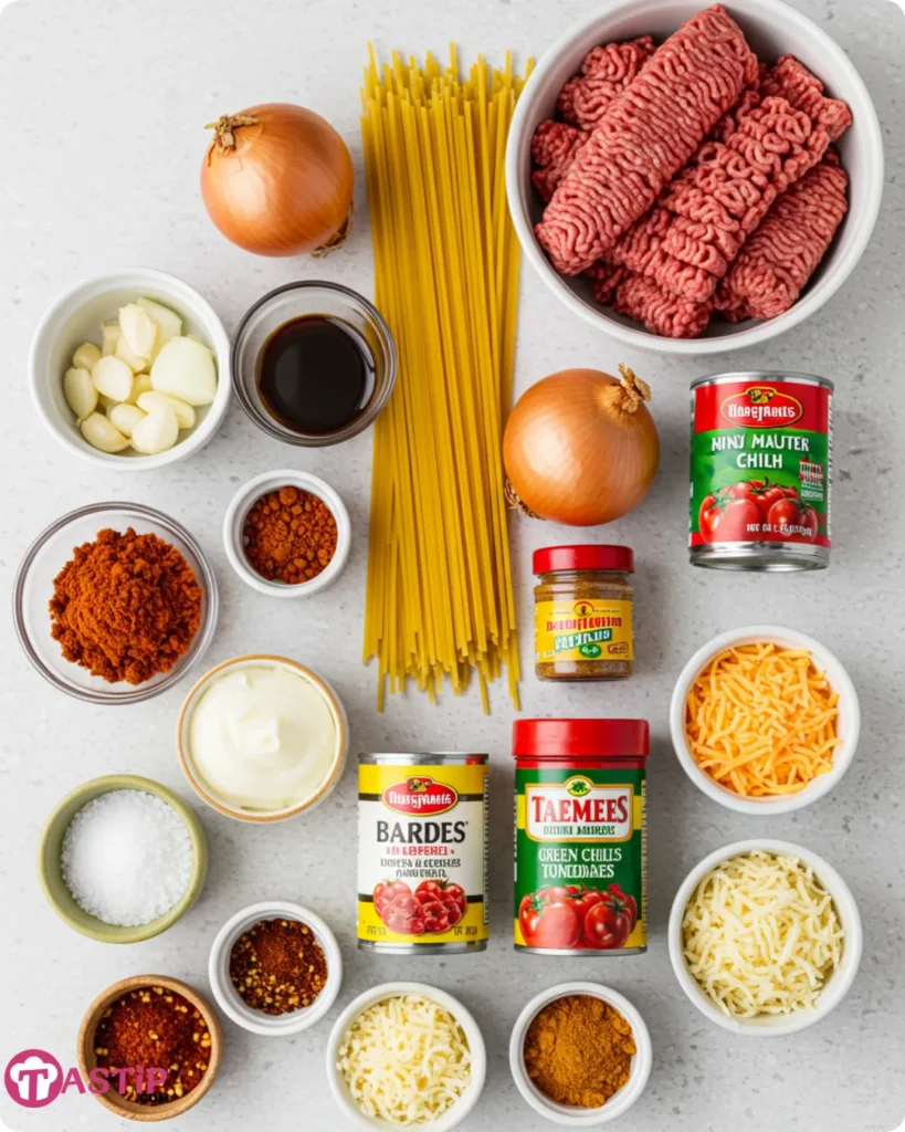 Taco Spaghetti ingredients arranged on kitchen counter