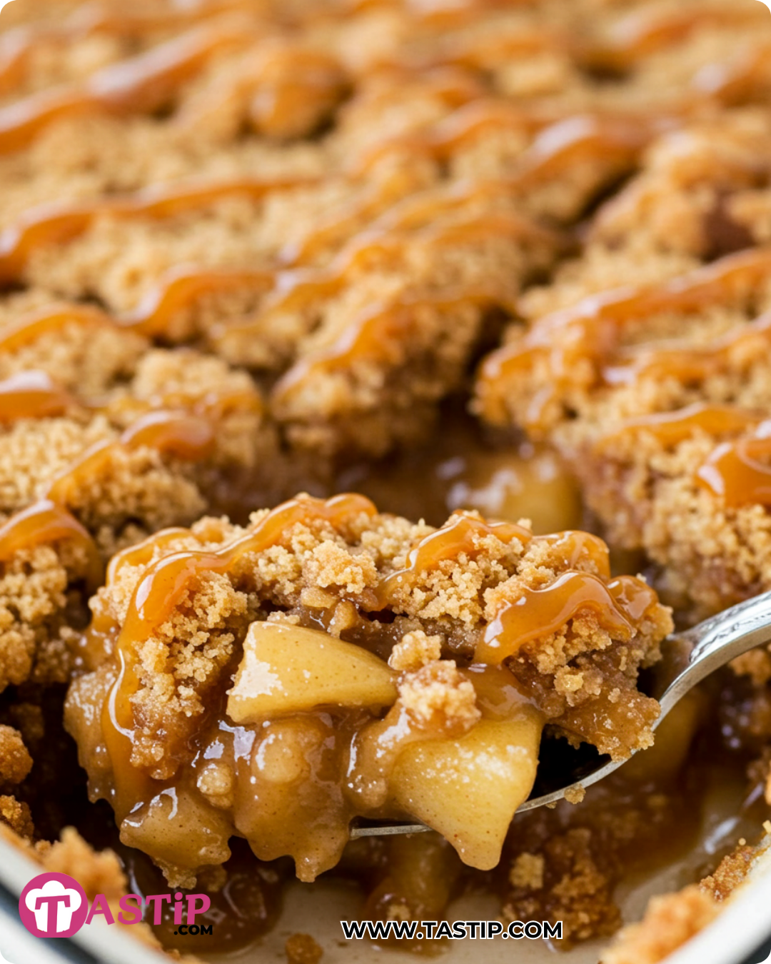 Caramel Apple Dump Cake with buttery crumble and caramel drizzle