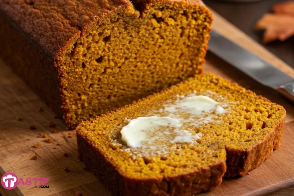A close-up shot of a perfect homemade pumpkin bread loaf on a wooden cutting board, with a single slice cut and topped with melting butter, showing the moist interior