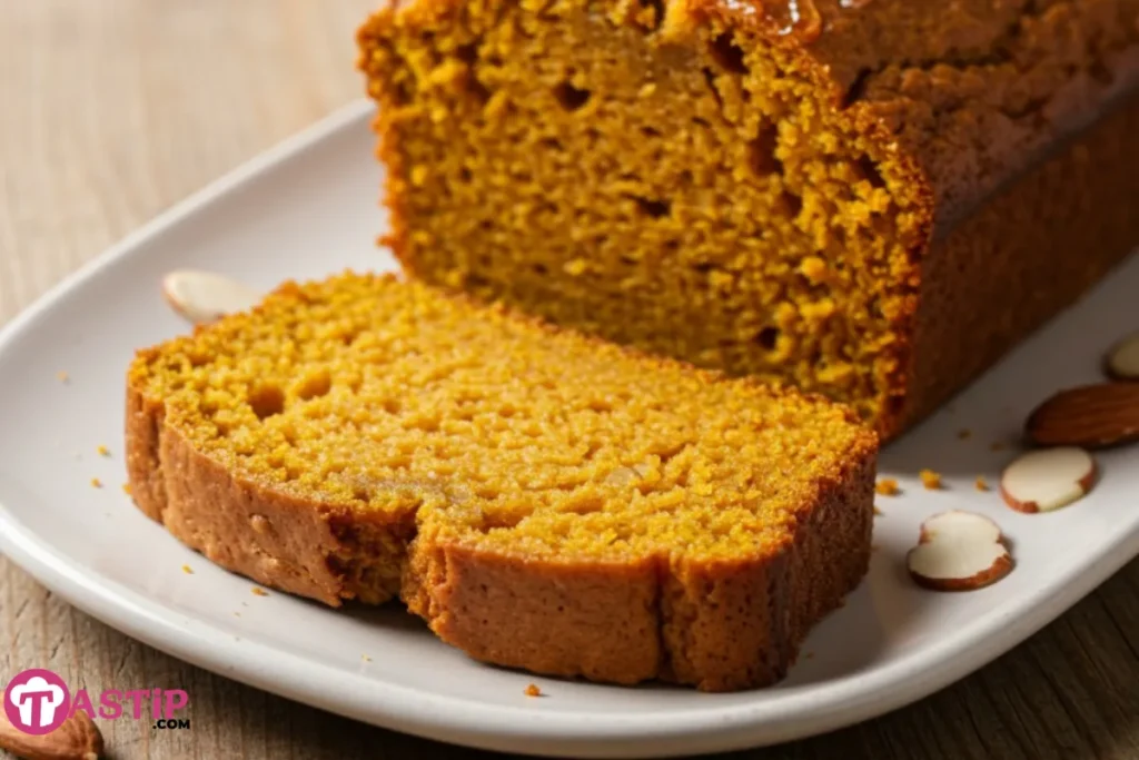 A close-up of a slice of healthy and moist pumpkin bread on a plate, showing its texture and color.
