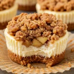Mini Apple Crisp Cheesecake with graham crust, apples, and oat streuse