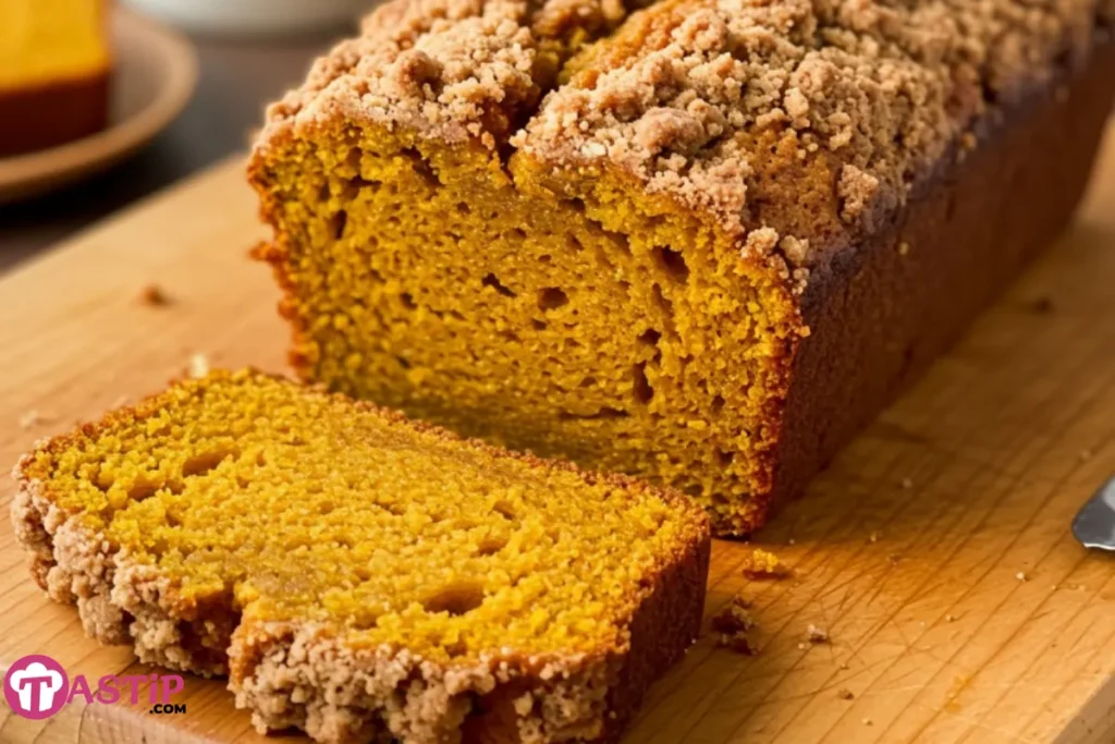 A close-up of a homemade Pumpkin Streusel Bread loaf on a wooden cutting board, with a slice cut and propped against it, showing the moist interior and buttery topping