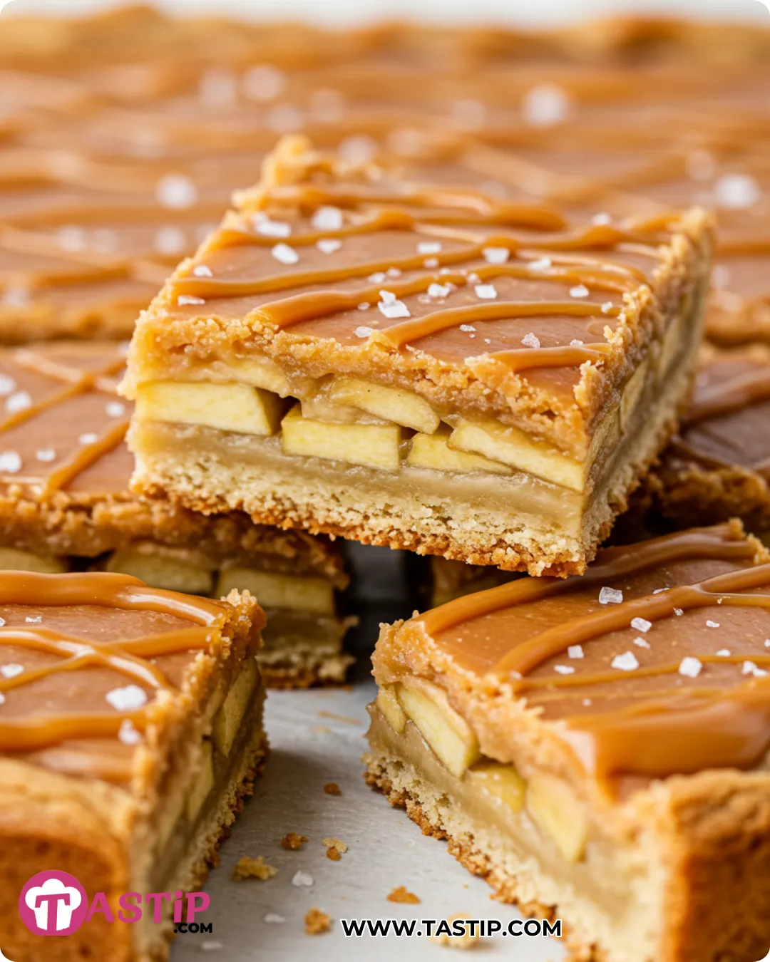 Salted Caramel Apple Bars with caramel drizzle and flaky salt