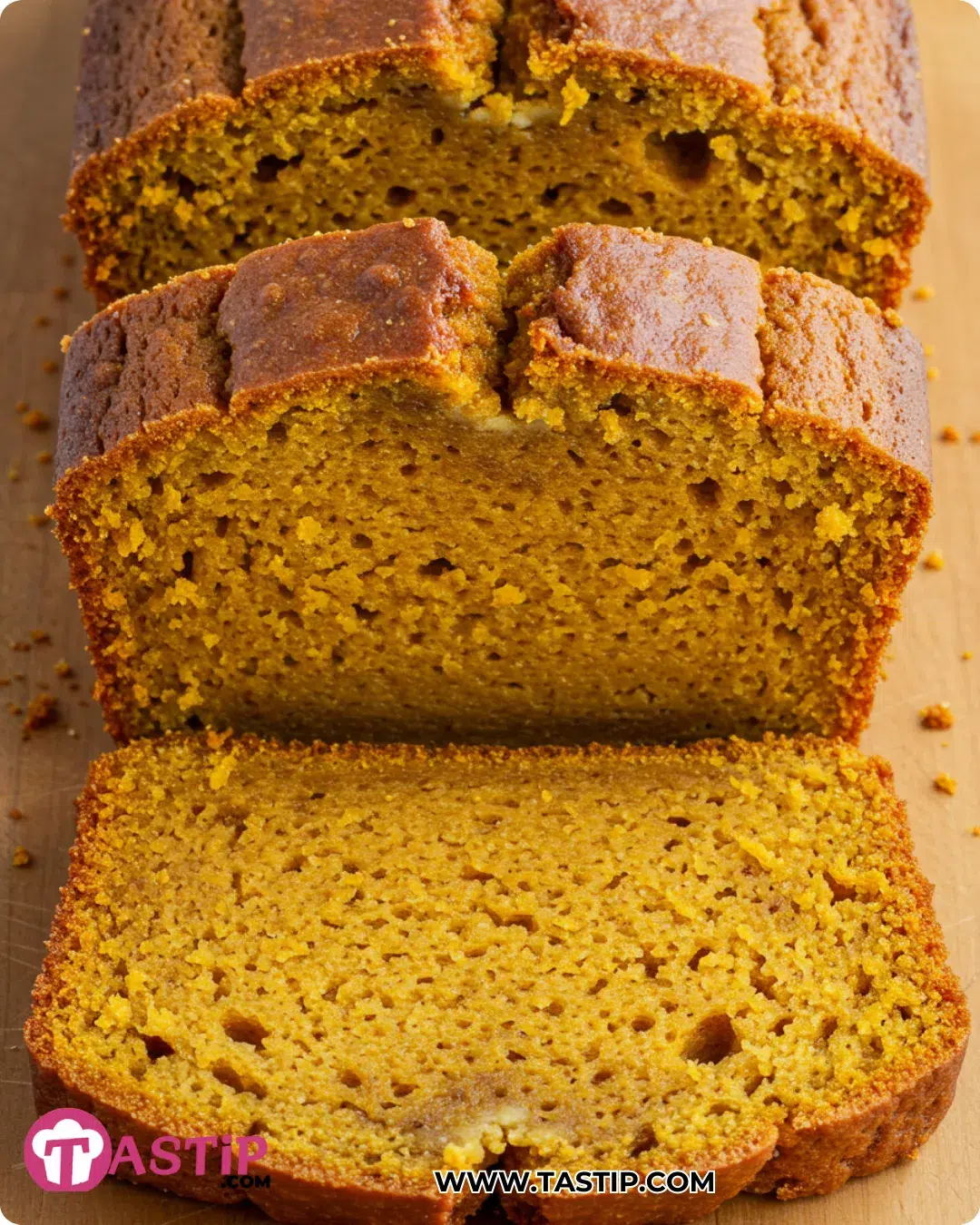 Vanilla Pudding Pumpkin Bread sliced, ultra-moist crumb, instant vanilla pudding