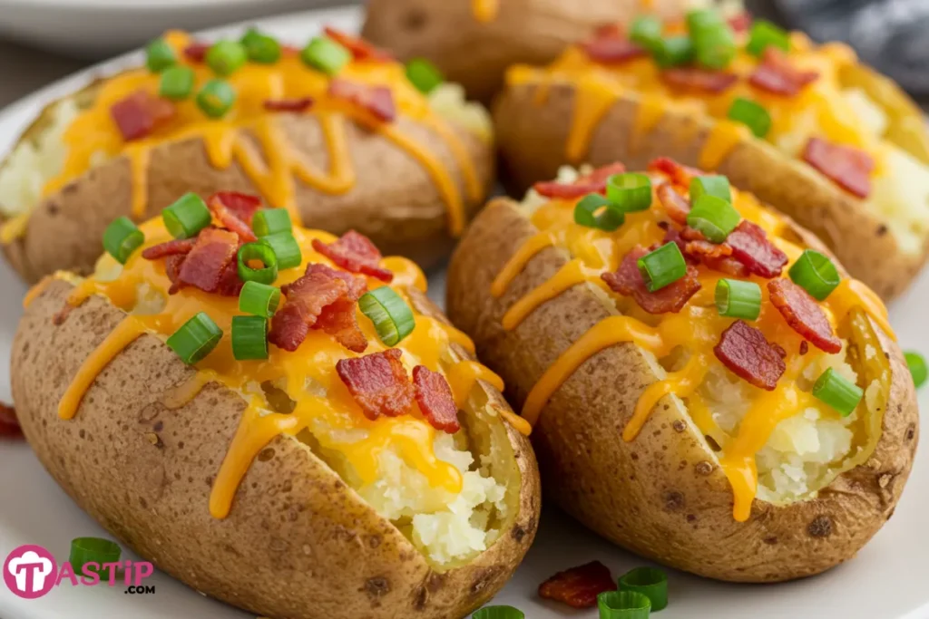 Loaded baked potatoes bacon cheddar served hot on a rustic table