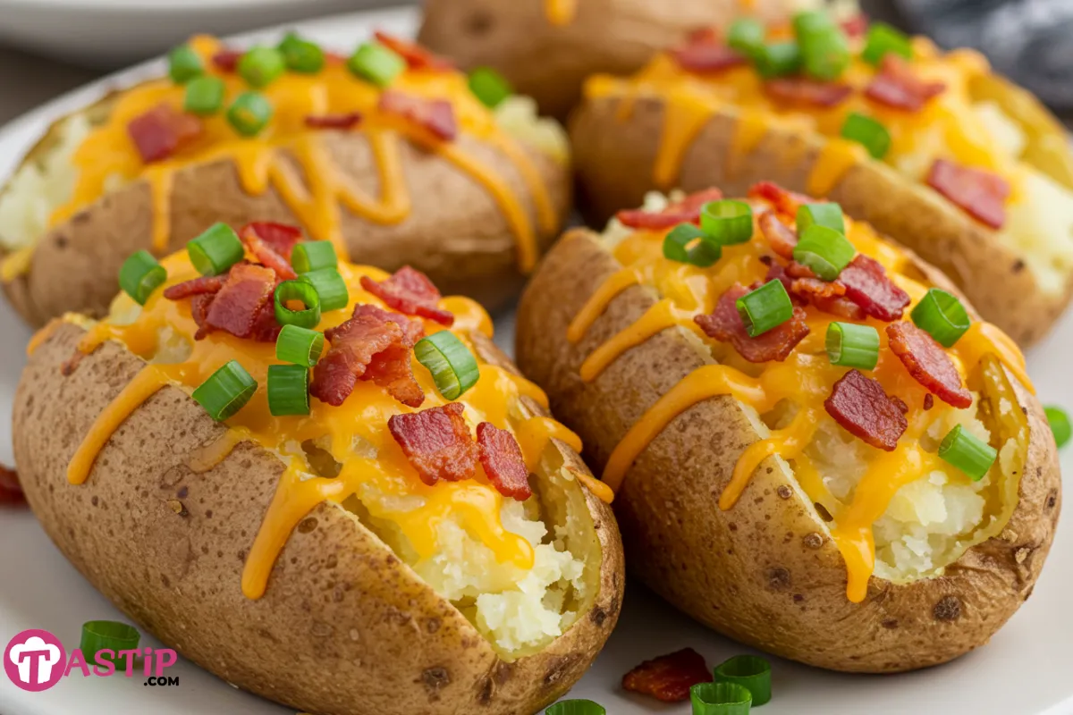 Loaded baked potatoes bacon cheddar served hot on a rustic table