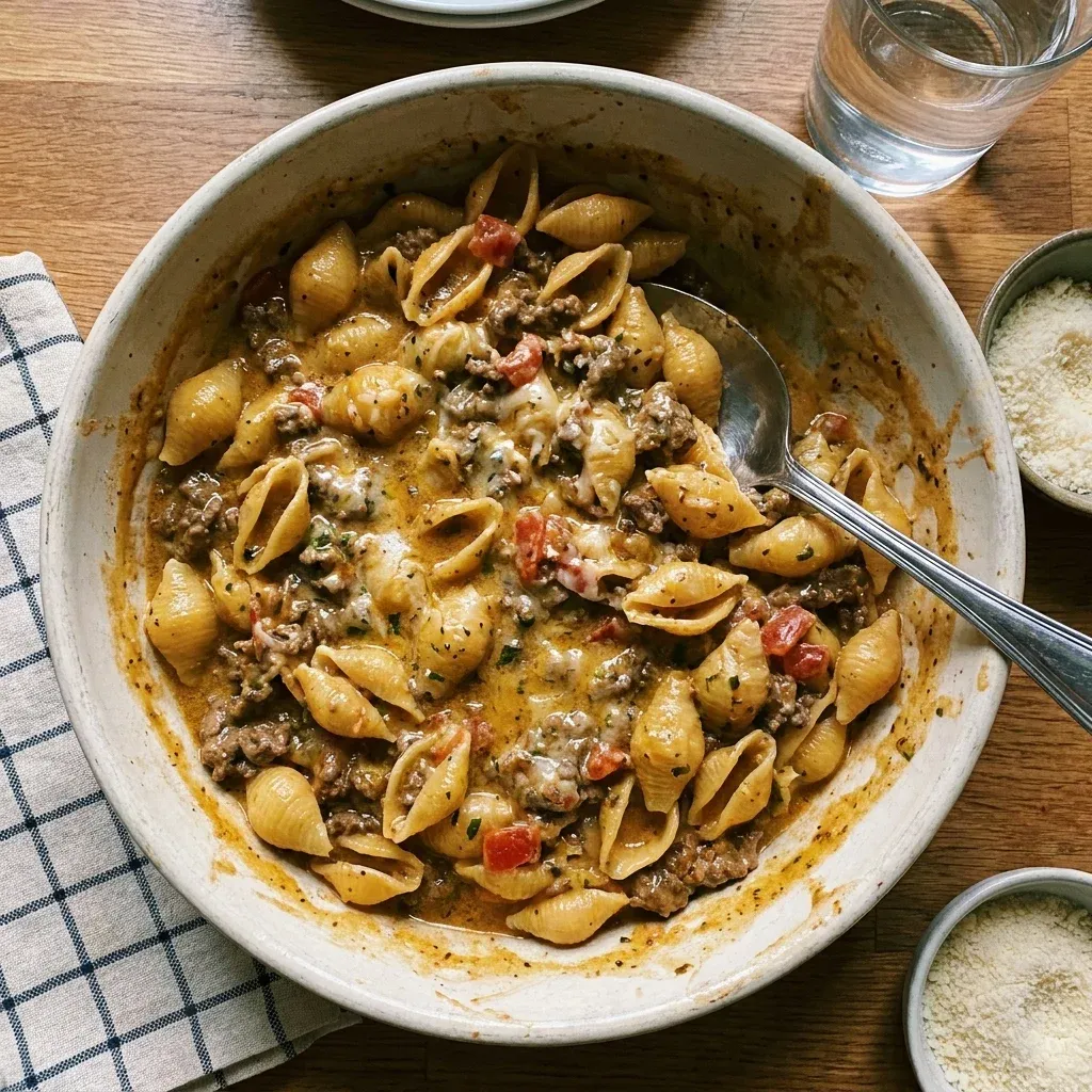 One Pot Creamy Beef and Shells