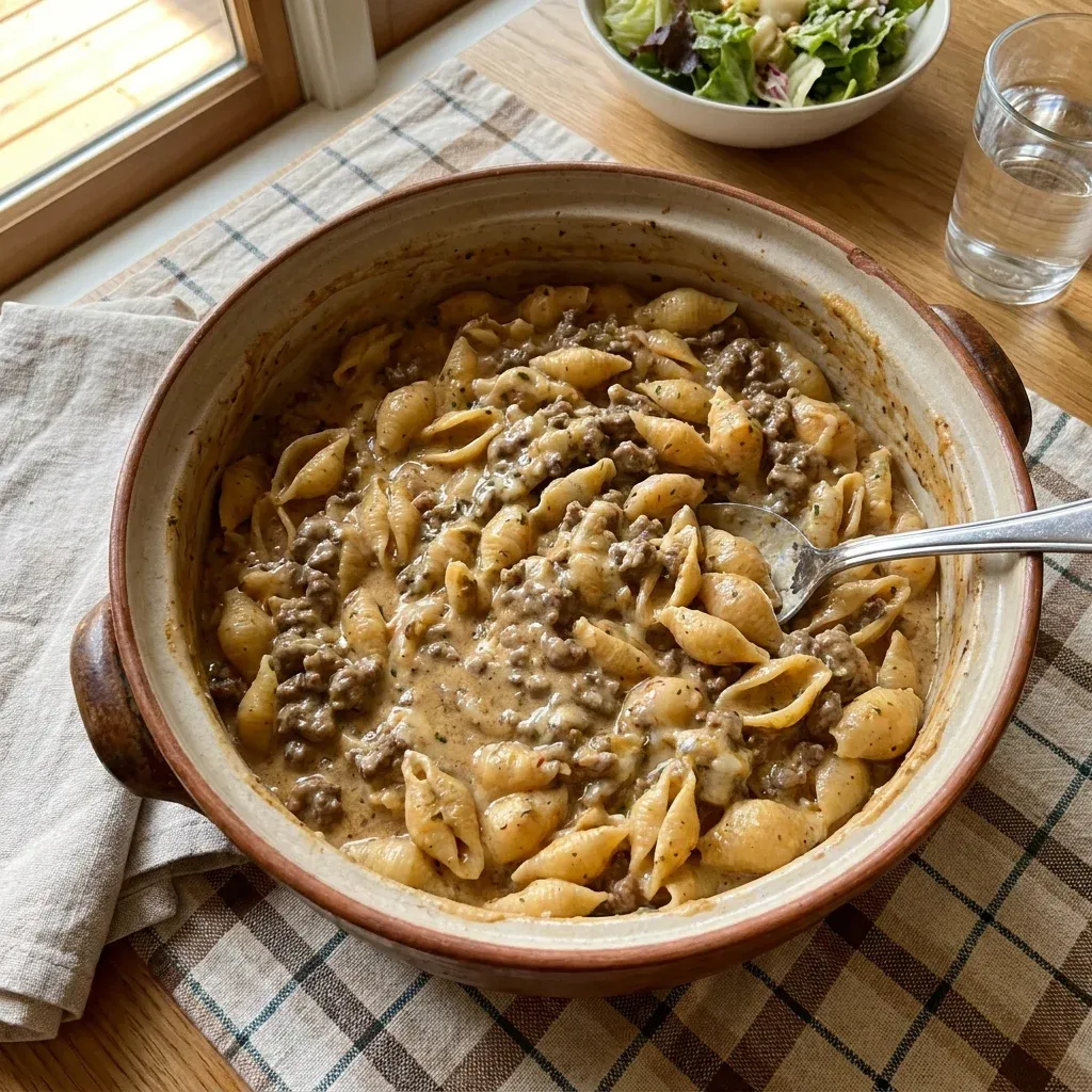One Pot Creamy Beef and Shells