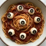 Bloody Spaghetti with Mozzarella Eyeballs