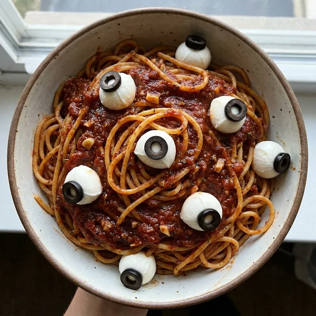 Bloody Spaghetti with Mozzarella Eyeballs